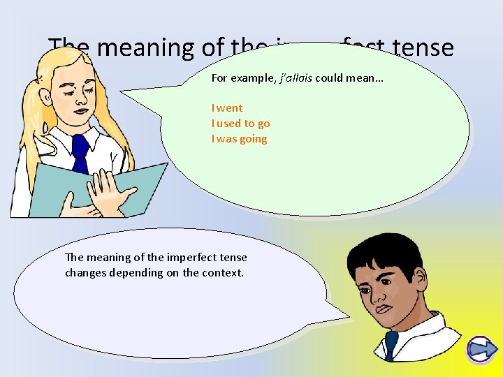 The meaning of the imperfect tense For example, j’allais could mean… I went I The meaning of the imperfect tense For example, j’allais could mean… I went I