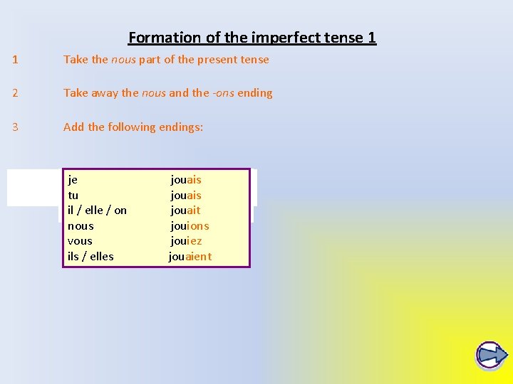 Formation of the imperfect tense 1 1 Take the nous part of the present Formation of the imperfect tense 1 1 Take the nous part of the present