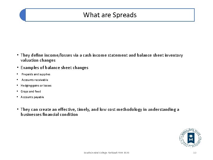 What are Spreads • They define income/losses via a cash income statement and balance
