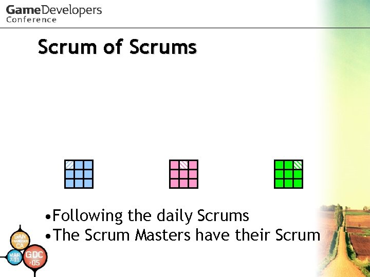 Scrum of Scrums • Following the daily Scrums • The Scrum Masters have their