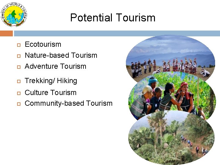 Potential Tourism Ecotourism Nature-based Tourism Adventure Tourism Trekking/ Hiking Culture Tourism Community-based Tourism 