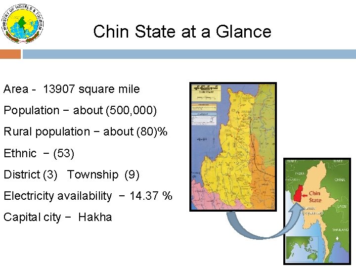 Chin State at a Glance Area - 13907 square mile Population − about (500,