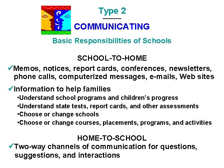 Type 2 COMMUNICATING Basic Responsibilities of Schools SCHOOL-TO-HOME Memos, notices, report cards, conferences, newsletters,