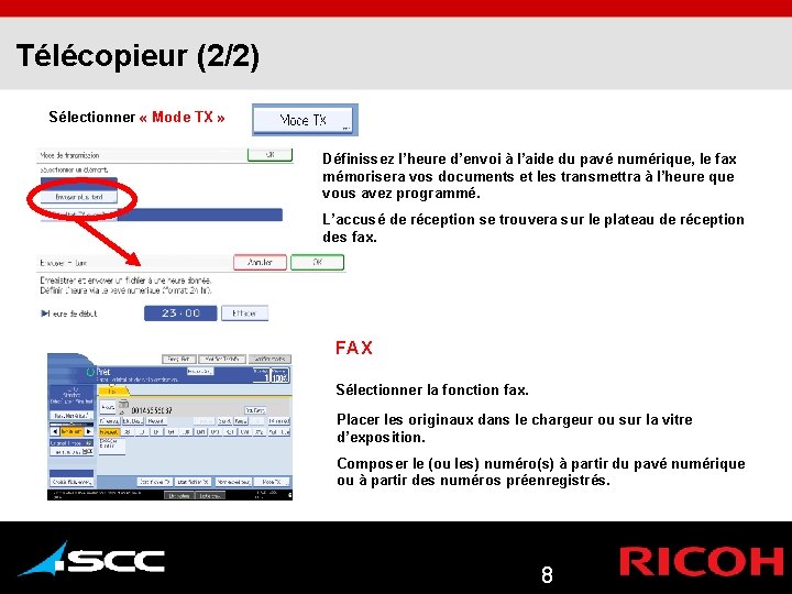 Télécopieur (2/2) Sélectionner « Mode TX » Définissez l’heure d’envoi à l’aide du pavé