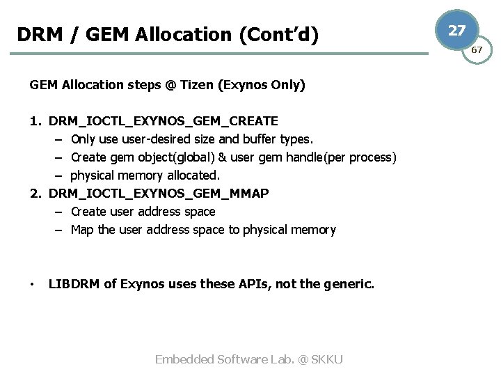 DRM / GEM Allocation (Cont’d) GEM Allocation steps @ Tizen (Exynos Only) 1. DRM_IOCTL_EXYNOS_GEM_CREATE