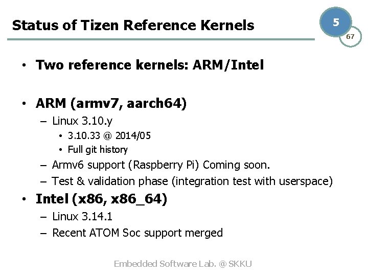 Status of Tizen Reference Kernels 5 • Two reference kernels: ARM/Intel • ARM (armv