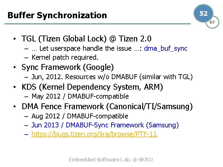 Buffer Synchronization • TGL (Tizen Global Lock) @ Tizen 2. 0 – … Let