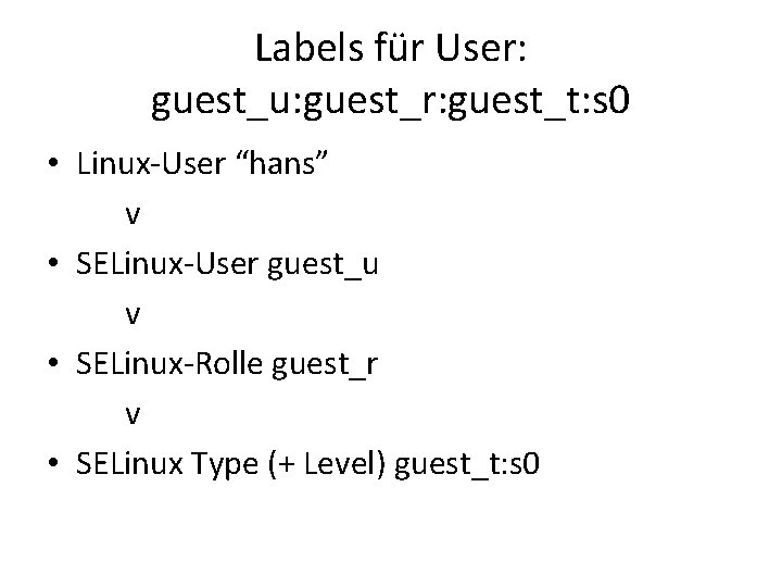 Labels für User: guest_u: guest_r: guest_t: s 0 • Linux-User “hans” v • SELinux-User Labels für User: guest_u: guest_r: guest_t: s 0 • Linux-User “hans” v • SELinux-User
