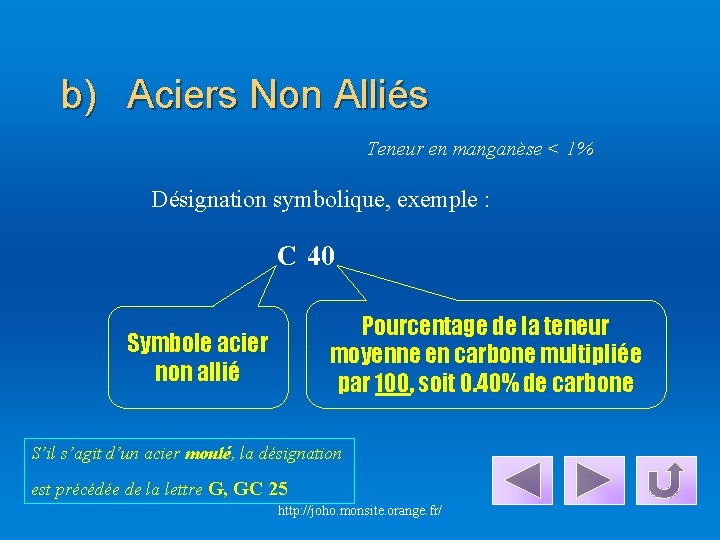 b) Aciers Non Alliés Teneur en manganèse < 1% Désignation symbolique, exemple : C