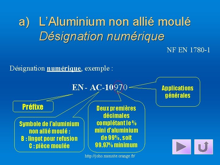 a) L’Aluminium non allié moulé Désignation numérique NF EN 1780 -1 Désignation numérique, exemple