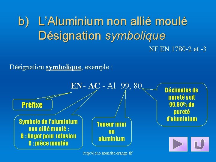 b) L’Aluminium non allié moulé Désignation symbolique NF EN 1780 -2 et -3 Désignation