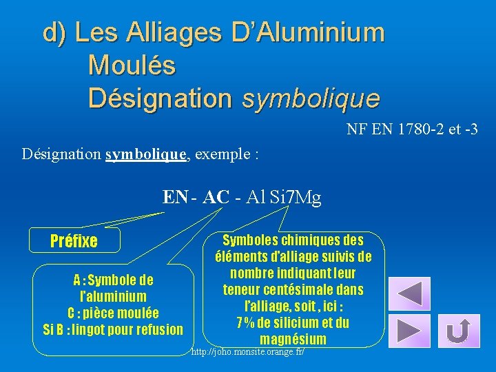 d) Les Alliages D’Aluminium Moulés Désignation symbolique NF EN 1780 -2 et -3 Désignation