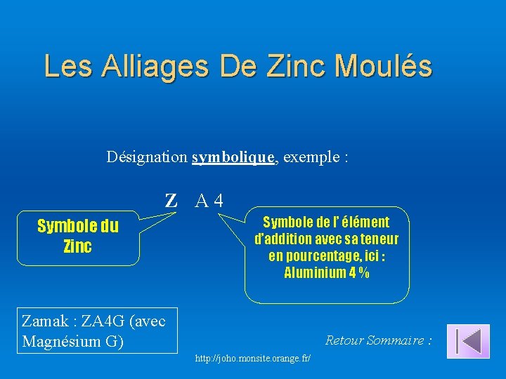 Les Alliages De Zinc Moulés Désignation symbolique, exemple : Z A 4 Symbole du