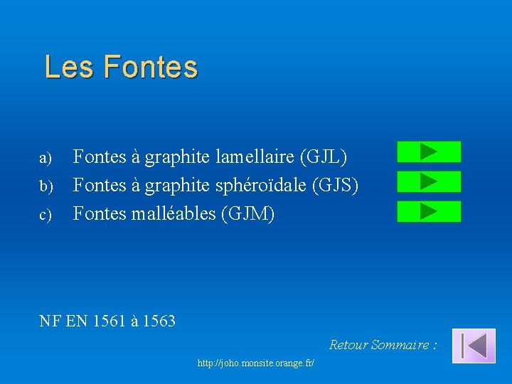 Les Fontes a) b) c) Fontes à graphite lamellaire (GJL) Fontes à graphite sphéroïdale