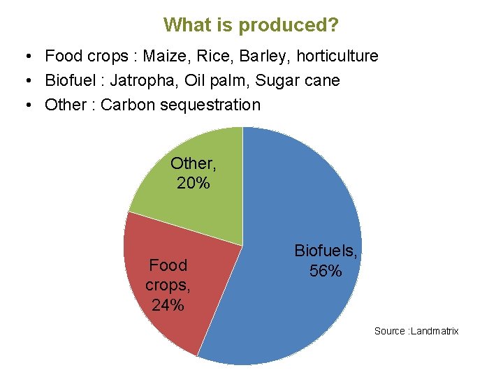 What is produced? • Food crops : Maize, Rice, Barley, horticulture • Biofuel : What is produced? • Food crops : Maize, Rice, Barley, horticulture • Biofuel :