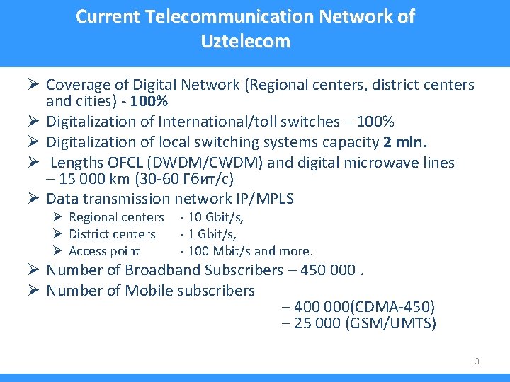 Current Telecommunication Network of Uztelecom Ø Coverage of Digital Network (Regional centers, district centers
