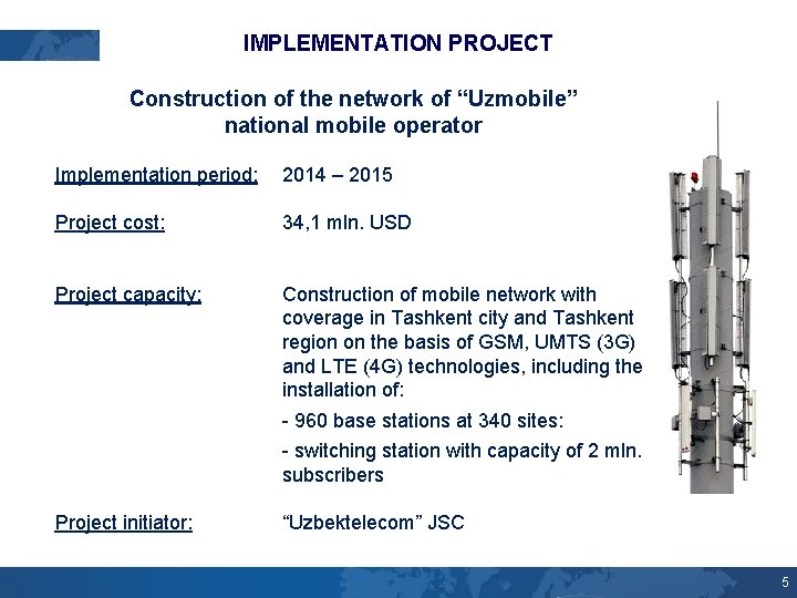 IMPLEMENTATION PROJECT Construction of the network of “Uzmobile” national mobile operator Implementation period: 2014