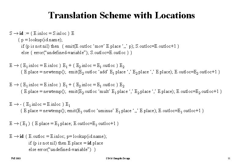 Translation Scheme with Locations S id : = { E. inloc = S. inloc