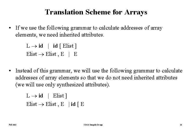 Translation Scheme for Arrays • If we use the following grammar to calculate addresses