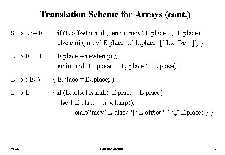 Translation Scheme for Arrays (cont. ) S L : = E { if (L.