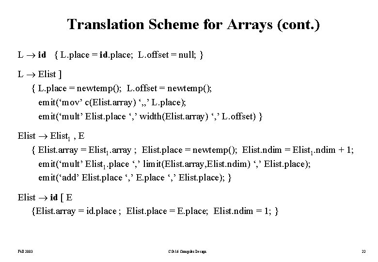 Translation Scheme for Arrays (cont. ) L id { L. place = id. place;