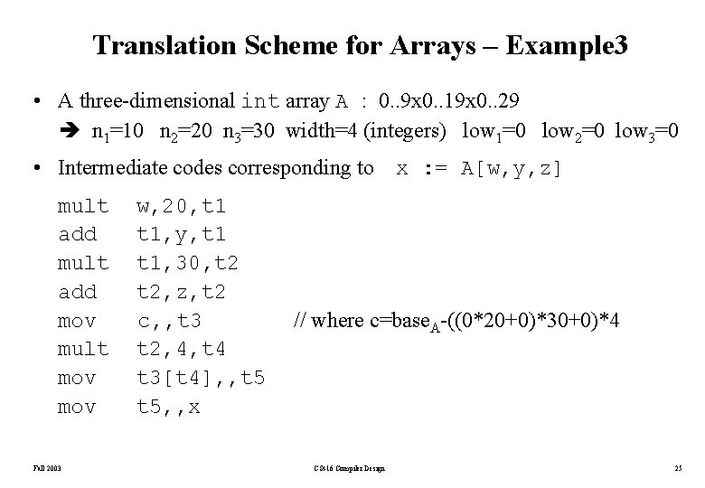 Translation Scheme for Arrays – Example 3 • A three-dimensional int array A :