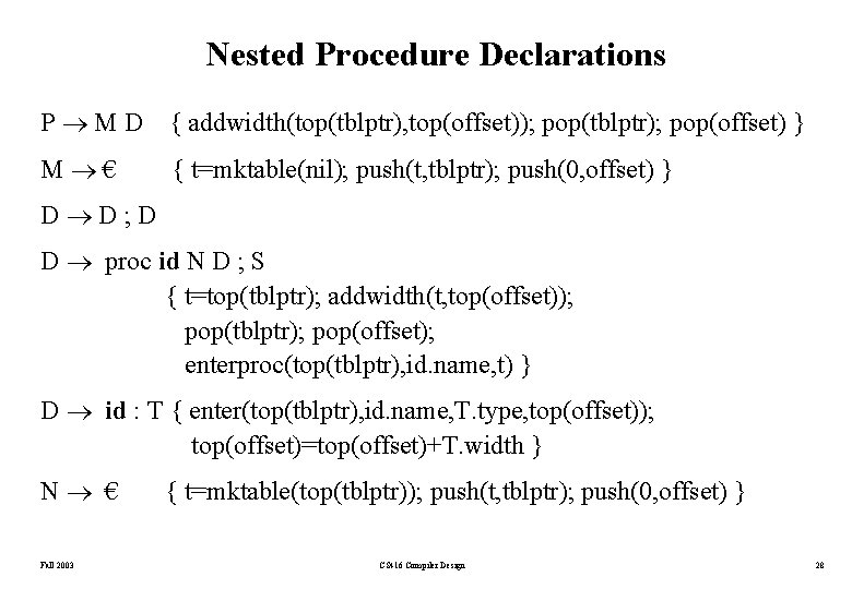 Nested Procedure Declarations P MD { addwidth(top(tblptr), top(offset)); pop(tblptr); pop(offset) } M € {