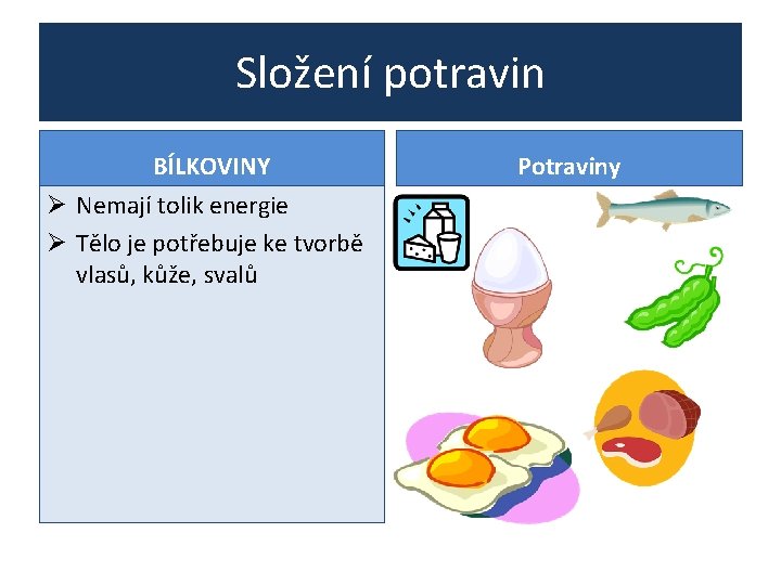 Složení potravin BÍLKOVINY Ø Nemají tolik energie Ø Tělo je potřebuje ke tvorbě vlasů,