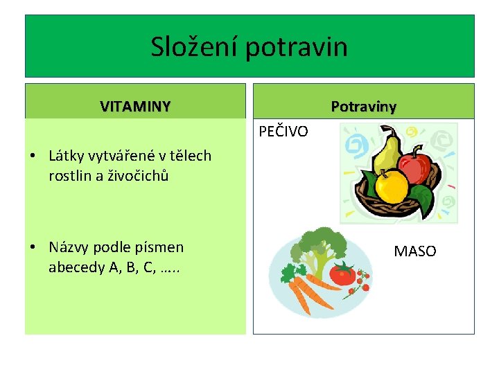 Složení potravin VITAMINY Potraviny PEČIVO • Látky vytvářené v tělech rostlin a živočichů •