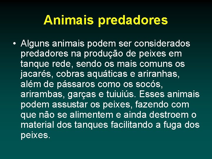 Animais predadores • Alguns animais podem ser considerados predadores na produção de peixes em