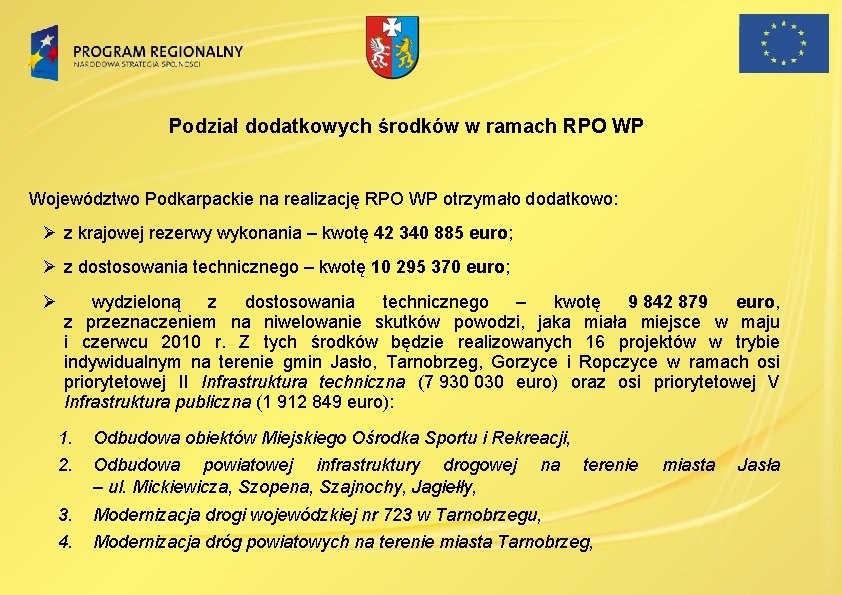 Podział dodatkowych środków w ramach RPO WP Województwo Podkarpackie na realizację RPO WP otrzymało