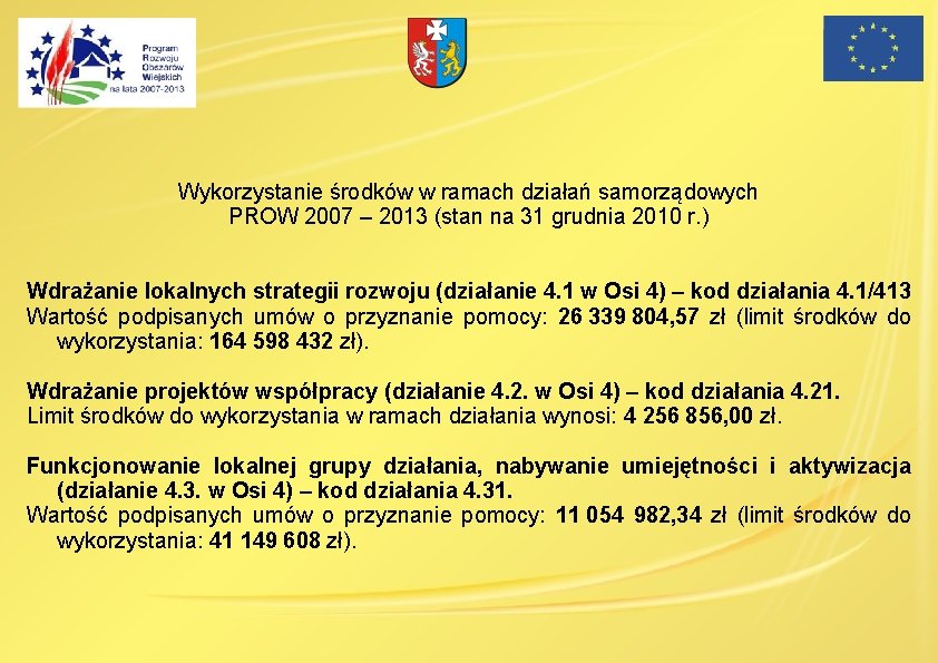 Wykorzystanie środków w ramach działań samorządowych PROW 2007 – 2013 (stan na 31 grudnia