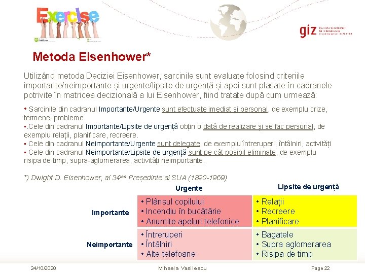 Metoda Eisenhower* Utilizând metoda Deciziei Eisenhower, sarcinile sunt evaluate folosind criteriile importante/neimportante și urgente/lipsite Metoda Eisenhower* Utilizând metoda Deciziei Eisenhower, sarcinile sunt evaluate folosind criteriile importante/neimportante și urgente/lipsite