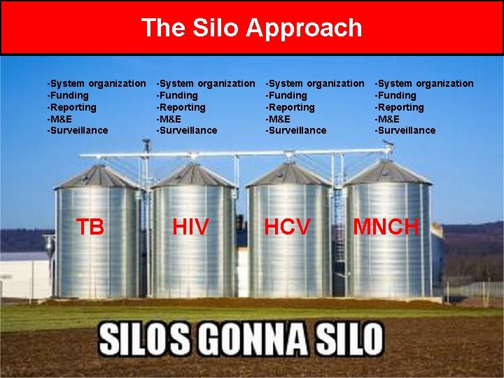 The Silo Approach -System organization -Funding -Reporting -M&E -Surveillance TB -System organization -Funding -Reporting