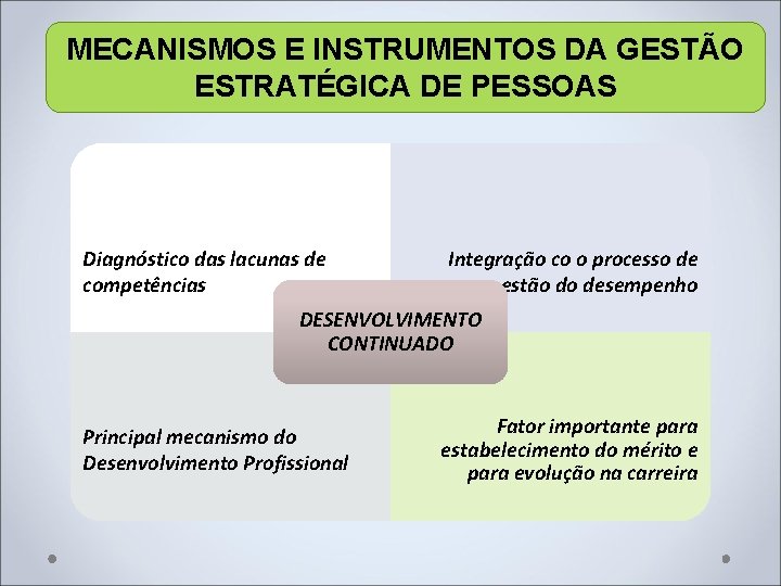 MECANISMOS E INSTRUMENTOS DA GESTÃO ESTRATÉGICA DE PESSOAS Diagnóstico das lacunas de competências Integração