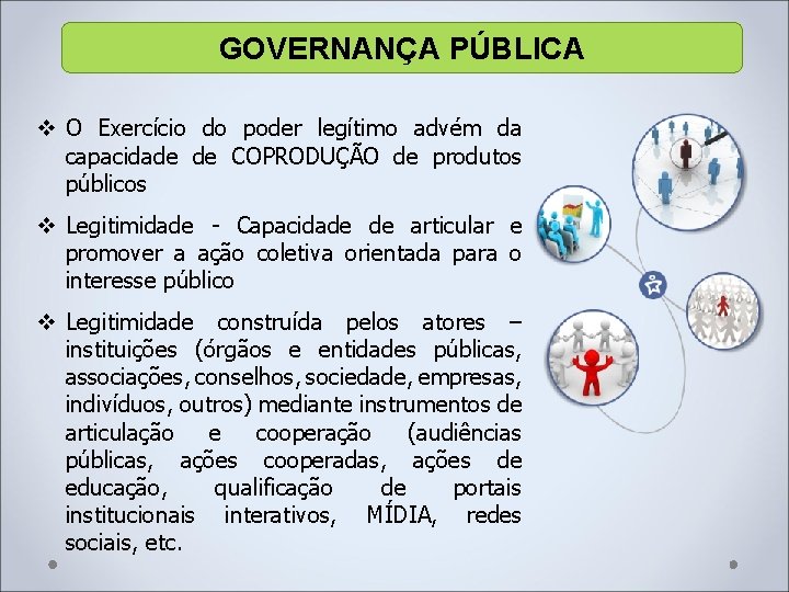 GOVERNANÇA PÚBLICA v O Exercício do poder legítimo advém da capacidade de COPRODUÇÃO de