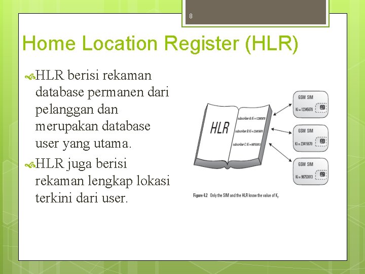 8 Home Location Register (HLR) HLR berisi rekaman database permanen dari pelanggan dan merupakan