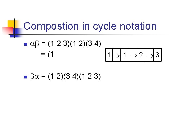 Compostion in cycle notation n n = (1 2 3)(1 2)(3 4) = (1