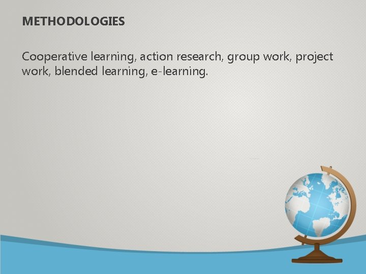 METHODOLOGIES Cooperative learning, action research, group work, project work, blended learning, e-learning. 