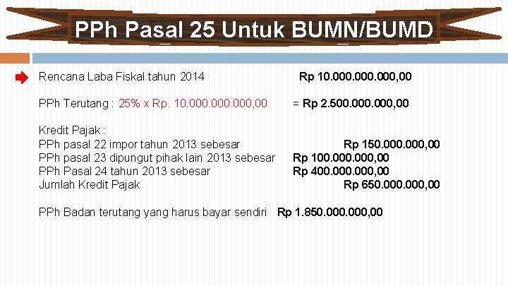 PPh Pasal 25 Untuk BUMN/BUMD Rencana Laba Fiskal tahun 2014 Rp 10. 000, 00