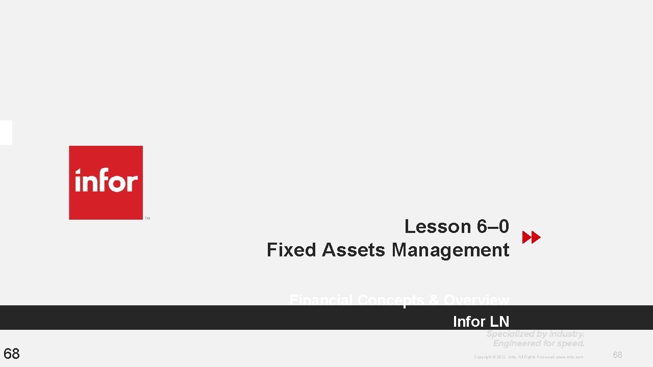 Lesson 6– 0 Fixed Assets Management Financial Concepts & Overview Infor LN 68 Copyright Lesson 6– 0 Fixed Assets Management Financial Concepts & Overview Infor LN 68 Copyright