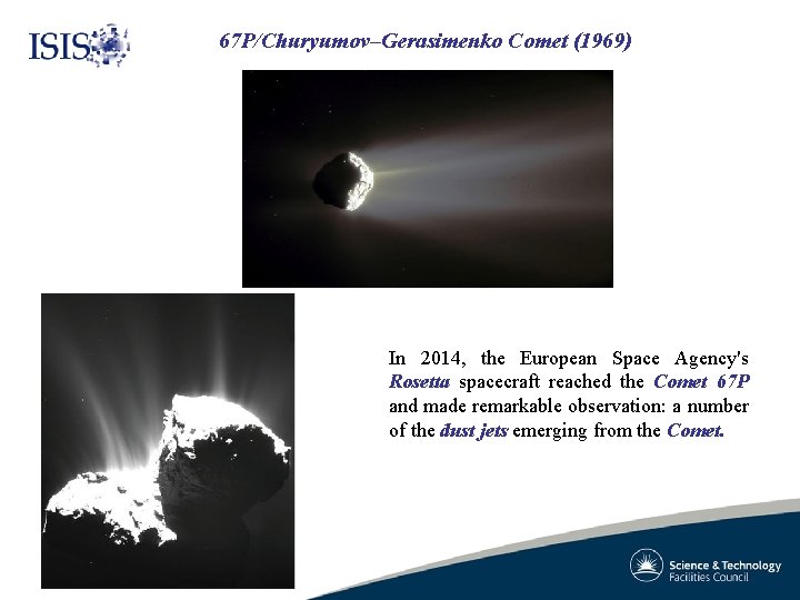 67 P/Churyumov–Gerasimenko Comet (1969) In 2014, the European Space Agency's Rosetta spacecraft reached the