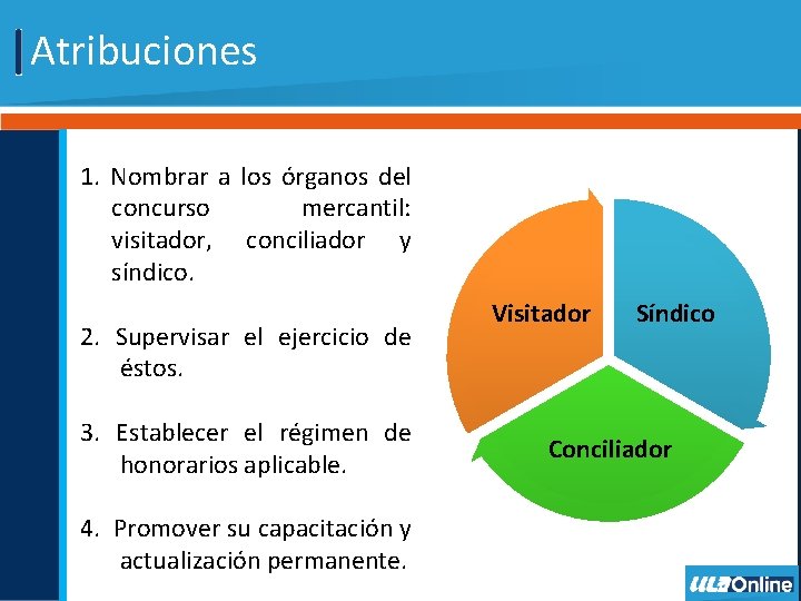Atribuciones 1. Nombrar a los órganos del concurso mercantil: visitador, conciliador y síndico. 2.