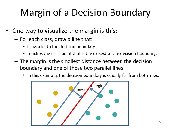 Margin of a Decision Boundary • One way to visualize the margin is this: