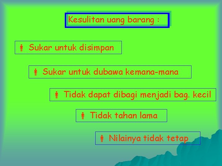 Kesulitan uang barang : Sukar untuk disimpan Sukar untuk dubawa kemana-mana Tidak dapat dibagi