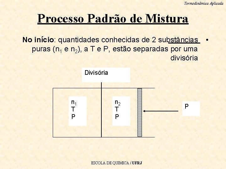 Termodinâmica Aplicada Processo Padrão de Mistura No início: quantidades conhecidas de 2 substâncias puras