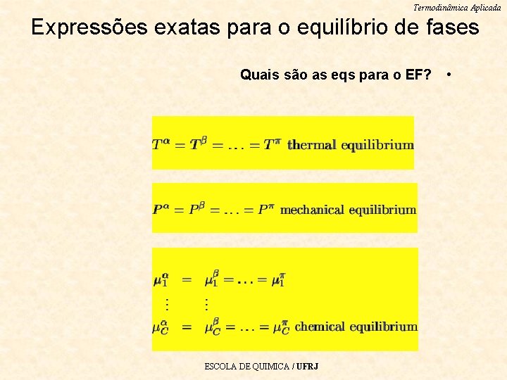 Termodinâmica Aplicada Expressões exatas para o equilíbrio de fases Quais são as eqs para