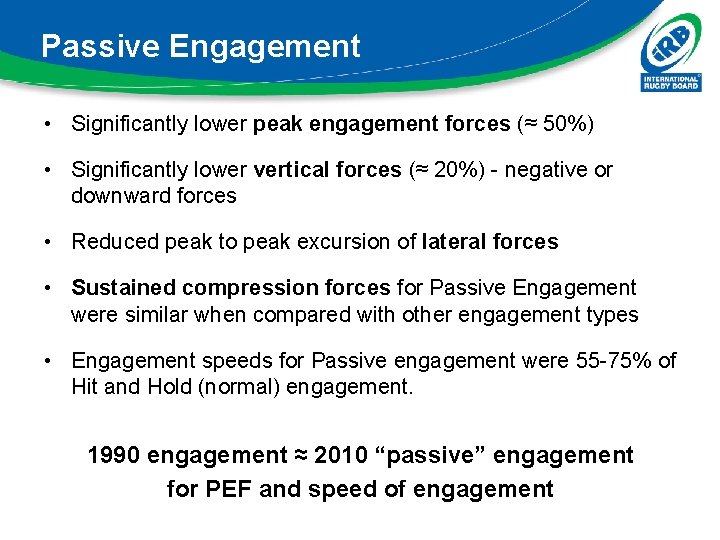 Passive Engagement • Significantly lower peak engagement forces (≈ 50%) • Significantly lower vertical Passive Engagement • Significantly lower peak engagement forces (≈ 50%) • Significantly lower vertical