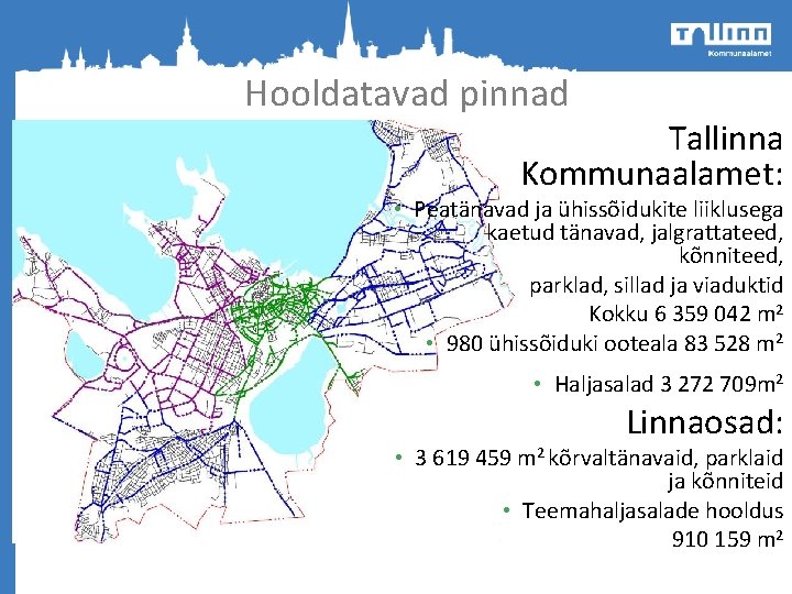 Hooldatavad pinnad Tallinna Kommunaalamet: • Peatänavad ja ühissõidukite liiklusega kaetud tänavad, jalgrattateed, kõnniteed, parklad,