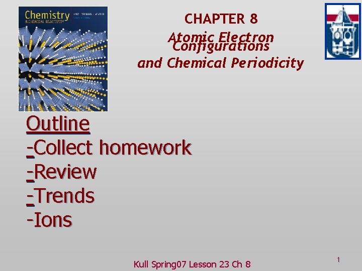 CHAPTER 8 Atomic Electron Configurations and Chemical Periodicity Outline -Collect homework -Review -Trends -Ions